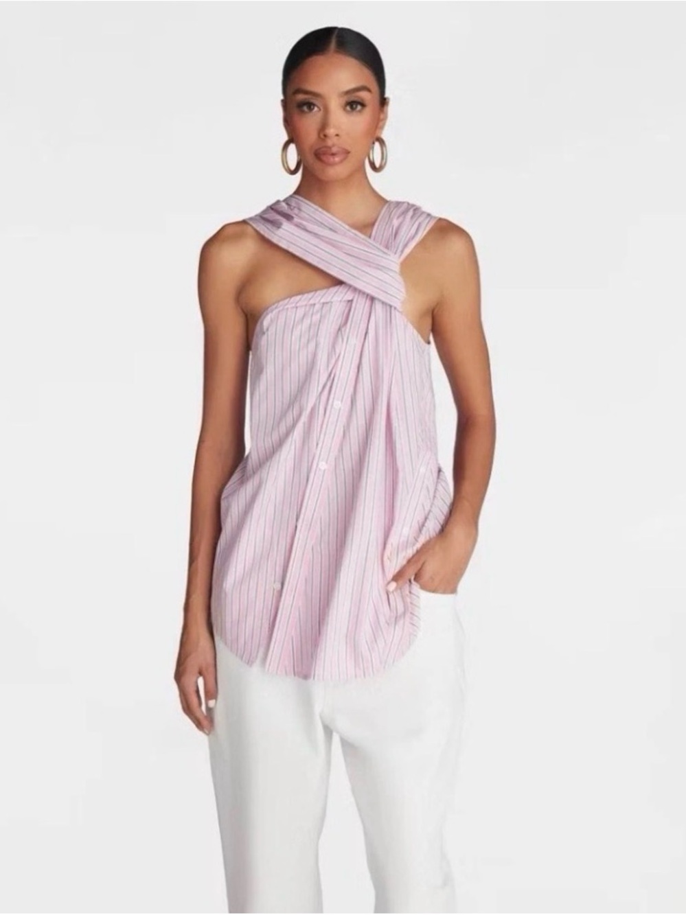 KBB by KAHLANA Sleeveless Pink Striped Cross-Neck Camisole Top